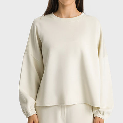 Jade White Womens Yoga Tops Oversized Long Sleeve Drop Shoulder Solid Pullover