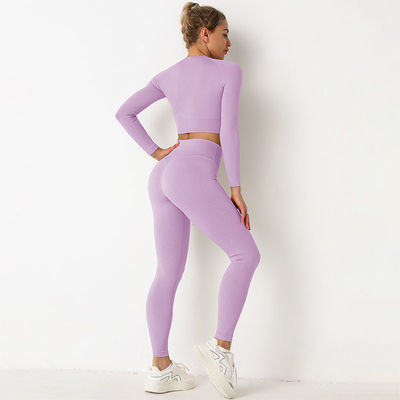 Purple Seamless Yoga Set Clothes Running High Waist Ribbed Long Sleeve Top