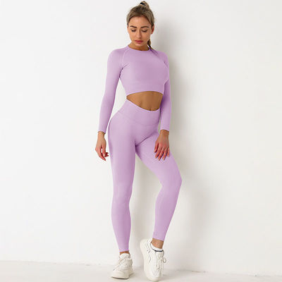 Purple Seamless Yoga Set Clothes Running High Waist Ribbed Long Sleeve Top