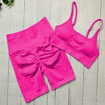 Women Seamless Yoga Workout Set 2 Piece Outfits Gym Push Up Shorts And Sports Bra