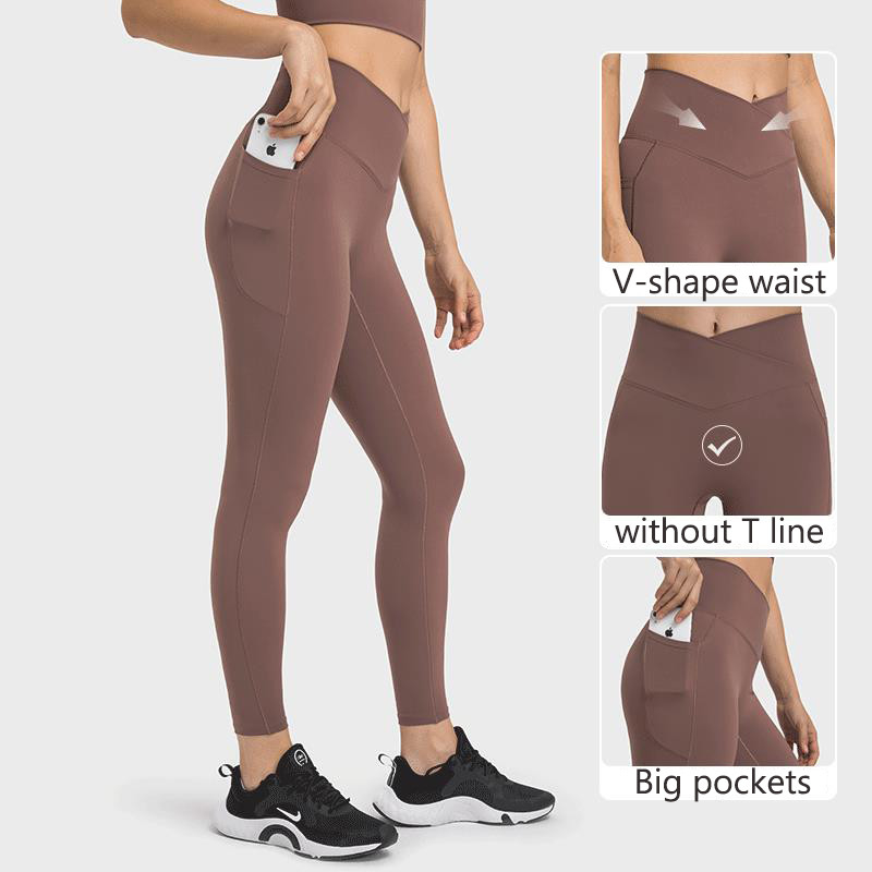 Women's New Cross Waist Sports Tights Side Pocket Yoga Pants Elastic