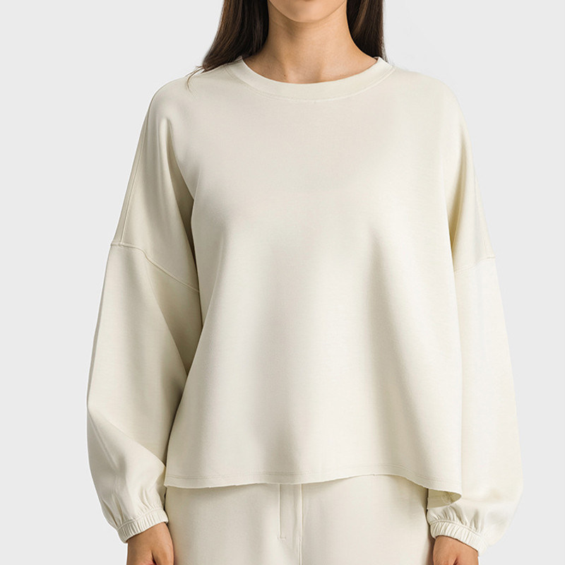Jade White Womens Yoga Tops Oversized Long Sleeve Drop Shoulder Solid Pullover