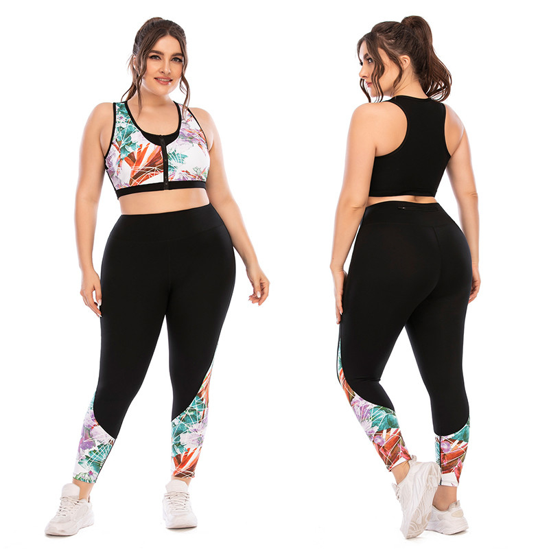 Front Zip Gym Plus Size Two Piece Workout Sets Sleeveless Nylon Spandex